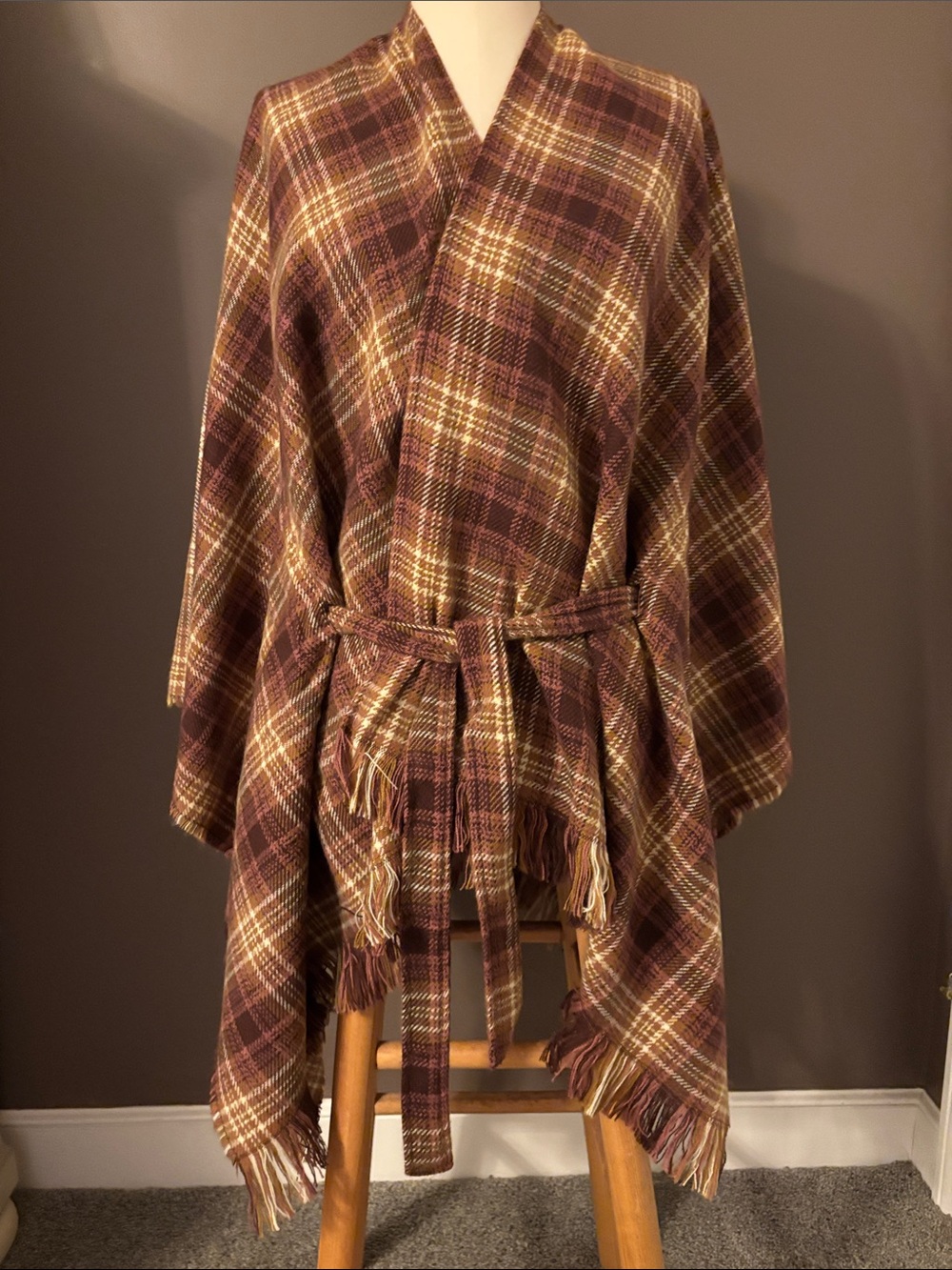 LOFT Brown Plaid Belted Cape Poncho